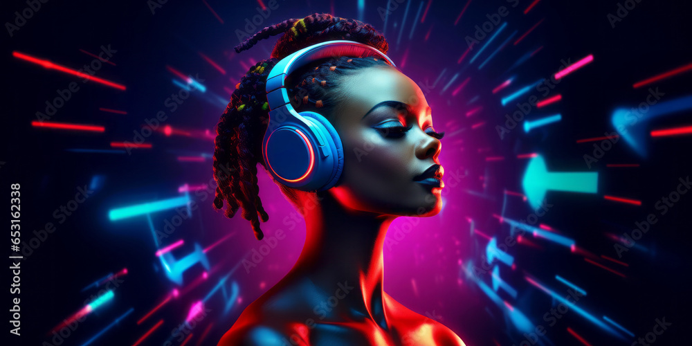 African woman wearing headphones, enjoying music beats, feeling emotions in vibrant color pulse, colorful dynamic sound vibes and abstract digital light effects on black background - obrazy, fototapety, plakaty 