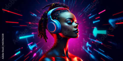 African woman wearing headphones, enjoying music beats, feeling emotions in vibrant color pulse, colorful dynamic sound vibes and abstract digital light effects on black background photo
