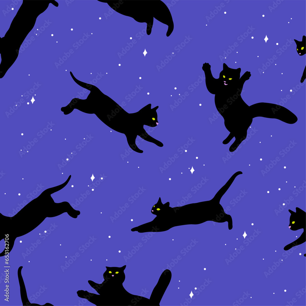 Halloween background with black cats in the night sky. Seamless pattern. Vector illustration