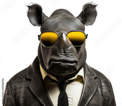 Portrait of a rhinoceros wearing yellow sunglasses and a suit isolated on a white background as transparent PNG © Flowal93