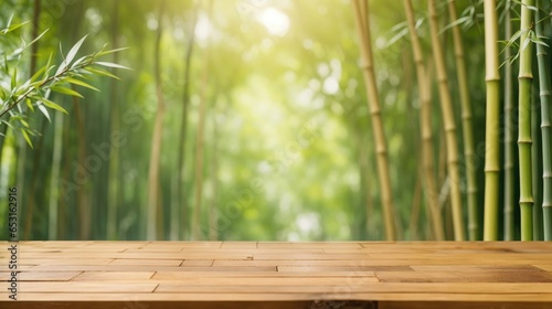 Empty wooden desk with bamboo forest background with empty space for text or product