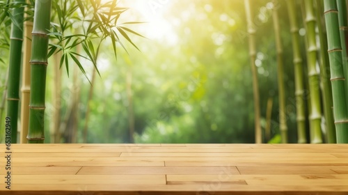 Empty wooden desk with bamboo forest background with empty space for text or product