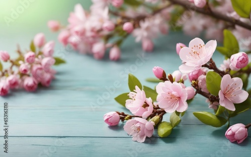 Cherry blossoms on wooden background, closeup view