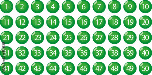 Green balls with white numbers from 1 to 50. All numbers from 1 to 50