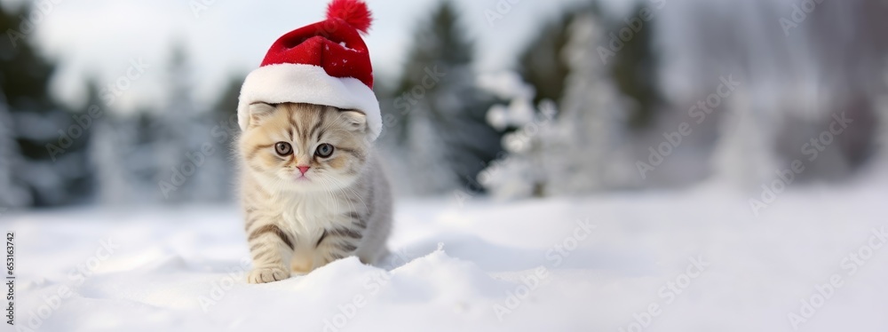 kitten with santa claus hat sitting in the snow - obrazy, fototapety, plakaty 