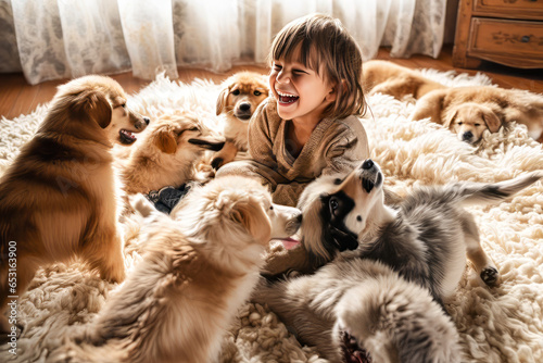 Child with Puppies.  Generative AI. A digital rendering of a child with a group of puppies.  