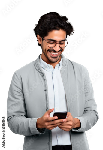 Young happy middle eastern man interacting with smartphone, transparent PNG