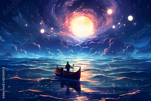 Night view of a man rowing a boat among many glowing moons floating on the sea, digital art style, illustration.