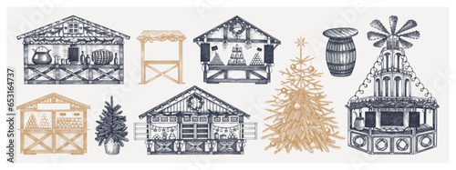 Christmas market design elements. Hand drawn vector illustration. Traditional winter holiday marketplace. Wooden stall kiosk, Christmas tree, candy shop, bakery, fast food, mulled wine sketches