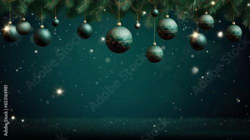 christmas background in green with christmas balls and fir trees