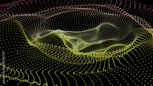 Energy net flows. Dot particle lines penetrating fog. Neon lights plexus of knots. Curved node row space infinity. Linking funnel universe parameters. Background information technology presentation.