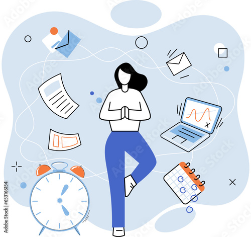 Person using laptop surrounded by business icons, work with digital technology, remote office. Businessman or freelancer with computer, distant communication with colleagues, remote online interaction