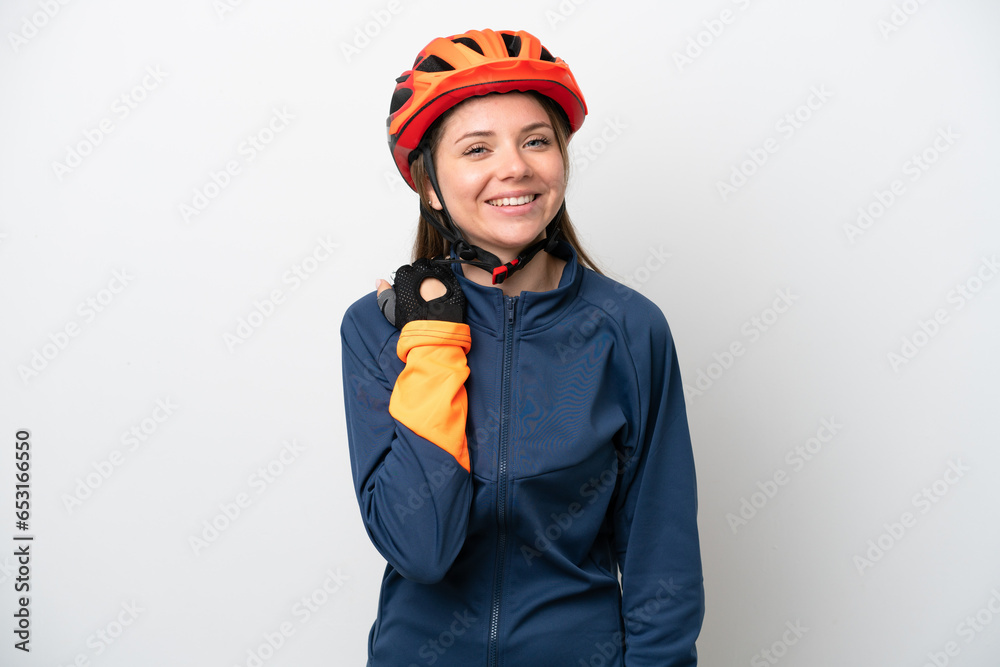 Young cyclist Lithuanian woman isolated on white background laughing Young cyclist Lithuanian woman isolated on white background laughing