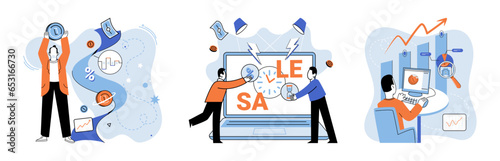 Promotion discount sale. Vector illustration. Forecast of future sales, soothsayer of business forecasting Flash sale online, windfall in regular pace of e-commerce Sales index, pulse-check