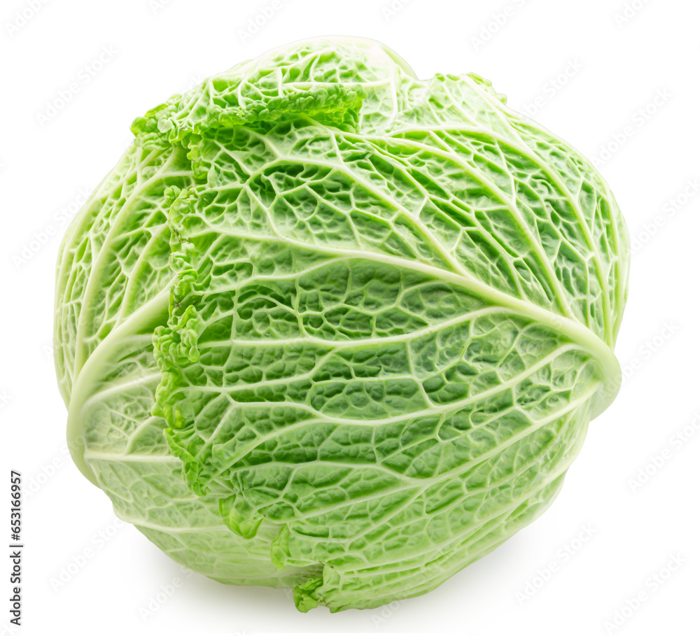 Fototapeta premium Fresh green savoy cabbage isolated on white background. File contains clipping path.