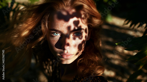 Close up of natural, fresh, no mke up, flawless, healthy skin complection of a young woman, 20s, red hair, freckles, green eyes. Gentle shadows of the face. Natural cosmetics and skin care concept.  photo