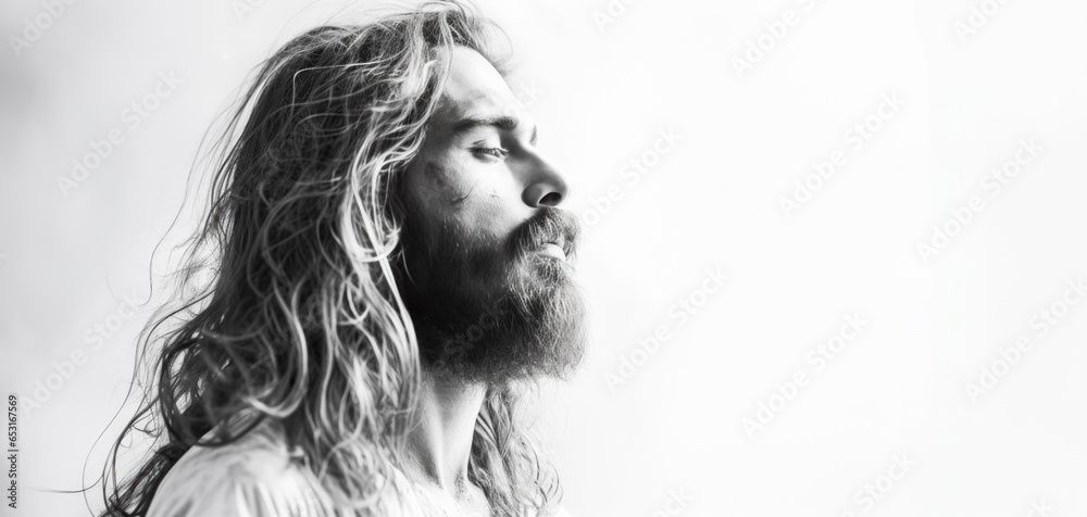 Fototapeta premium Portrait of Jesus captured in an emotive and serene moment. Christian illustration.