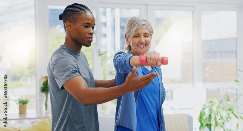 Elderly woman, dumbbells and rehabilitation therapist for exercise in a nursing home. Happy senior patient with physiotherapist man or nurse for healing, health and physiotherapy for muscle and body - obrazy, fototapety, plakaty 