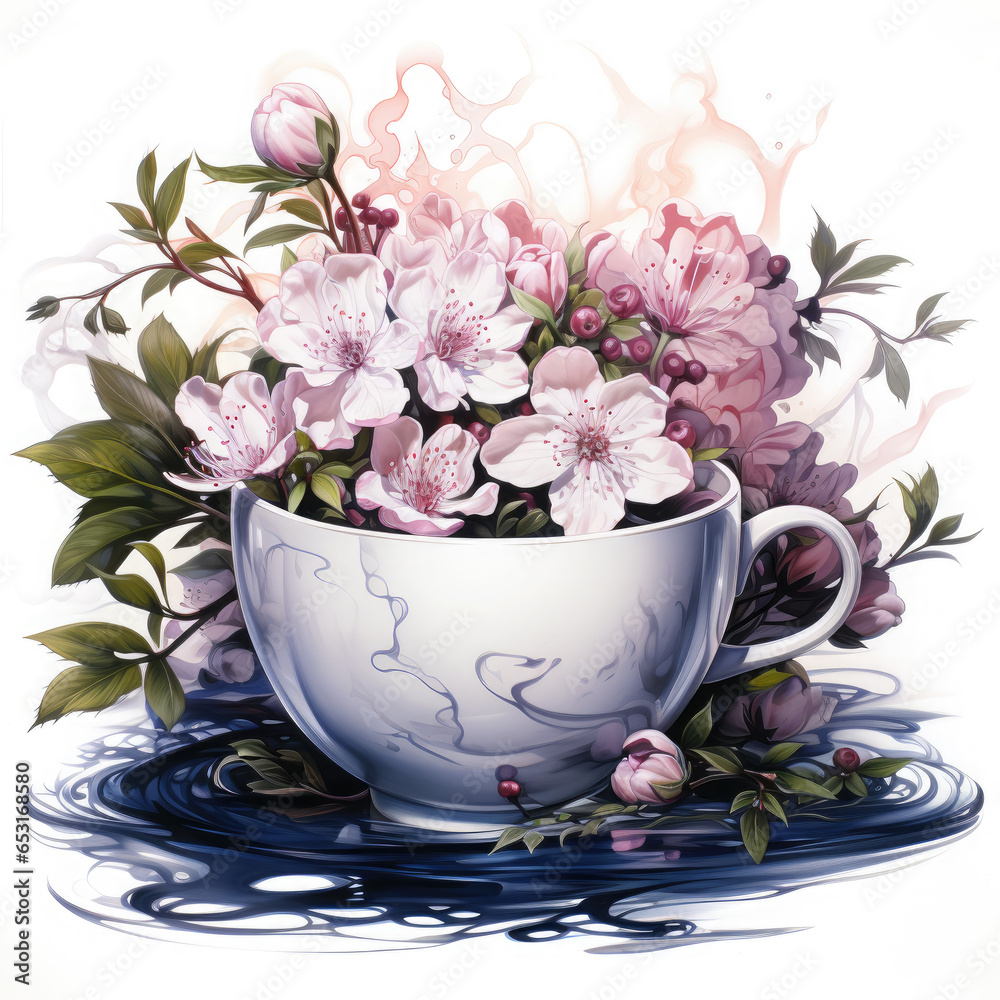 Watercolor teacup with flowers Illustration, Generative Ai