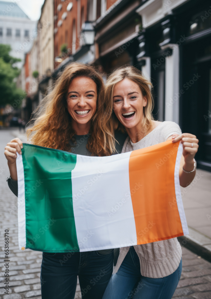 Naklejka premium Two irish cheerful woman friends holding a Ireland flag on dublin city street