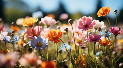 Flower field in sunlight, spring or summer garden background in closeup macro view or flowers meadow field in morning light