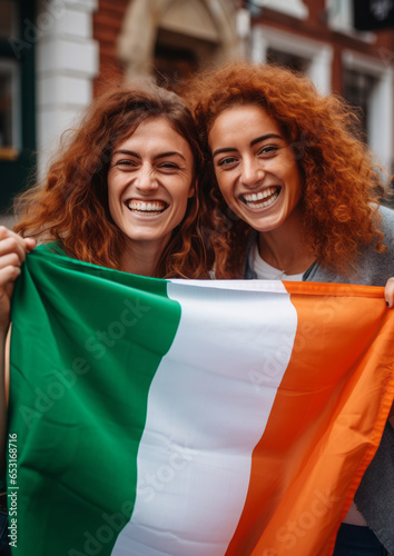 Two irish cheerful woman friends holding a Ireland flag on dublin city street