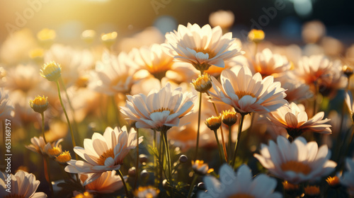 Flower field in sunlight, spring or summer garden background in closeup macro view or flowers meadow field in morning light photo
