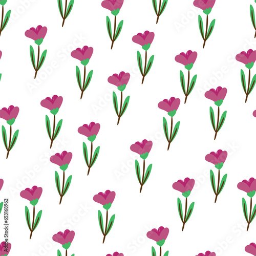 Seamless pattern of purple flowers on a white background for fabric prints, textiles, gift wrapping paper. colorful vector for children, flat style © Fhiew