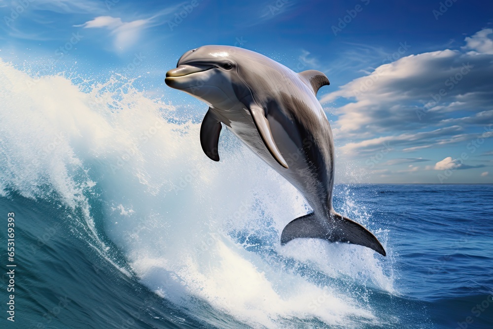 Fototapeta premium Dolphin jumping out of the sea. 3D rendered illustration Dolphins jumping out of the ocean waves against blue sky background, AI Generated
