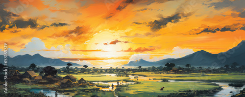 Asian countryside art, watercolor