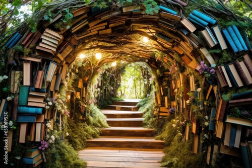 Fairy tale tunnel of books in the forest. Halloween concept  Embark on a spicy ramen adventure with a steaming bowl of noodles  vibrant toppings  and tantalizing chili oil  AI Generated