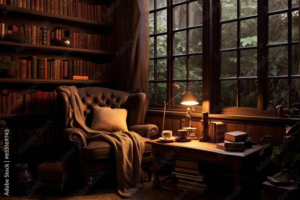 Interior of a cozy living room with a bookcase, armchair, coffee cup and books, Escape to a bookworm's paradise with a cozy reading corner, complete with an armchair, a table, AI Generated