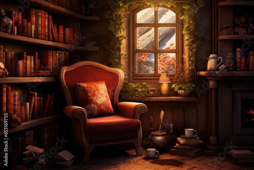 Interior of a room with an armchair and bookshelf, Escape to a bookworm's paradise with a cozy reading corner, complete with an armchair, a table piled with books, and a warm cup of tea, AI Generated
