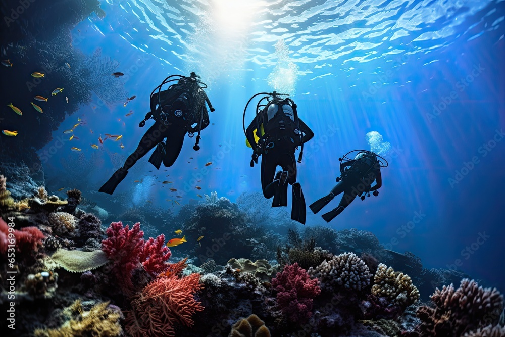 custom made wallpaper toronto digitalSilhouettes of scuba divers swimming over a coral reef, Extreme divers in the coral reef, rear view, no visible faces, AI Generated
