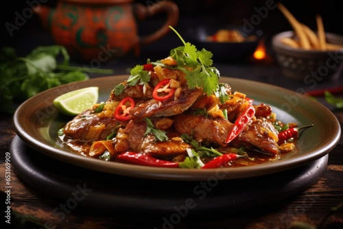 Stir-fried chicken with cashew nuts and cilantro, Experience the thrilling fusion of global flavors with a spicy dish combining Thai and Mexican culinary traditions, AI Generated