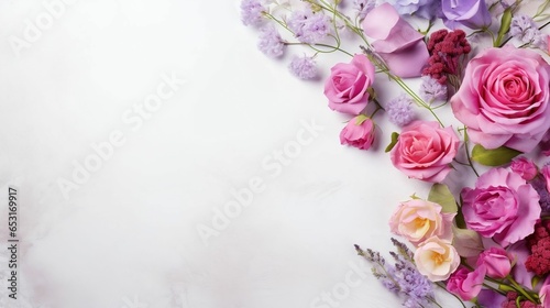 with pink roses and lilac flowers on white copy space background 