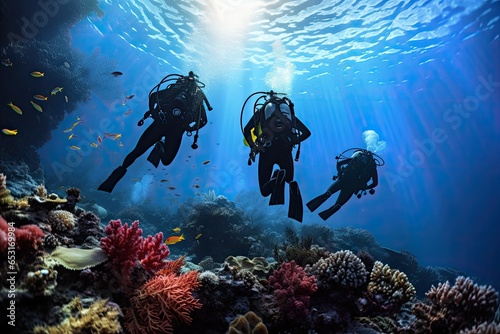 Silhouettes of scuba divers swimming over a coral reef, Extreme divers in the coral reef, rear view, no visible faces, AI Generated © Ifti Digital