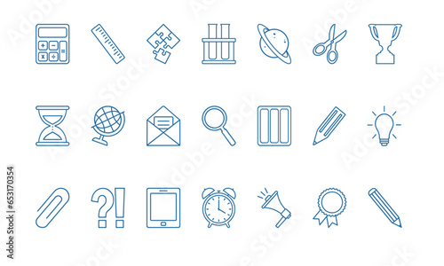 School stationery blue sticker, study icon, education line set. Office doodle outline design. Contour illustration