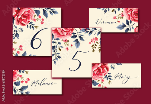 Vintage Wedding Table and Escort cards with red watercolor roses flowers. Vector template.