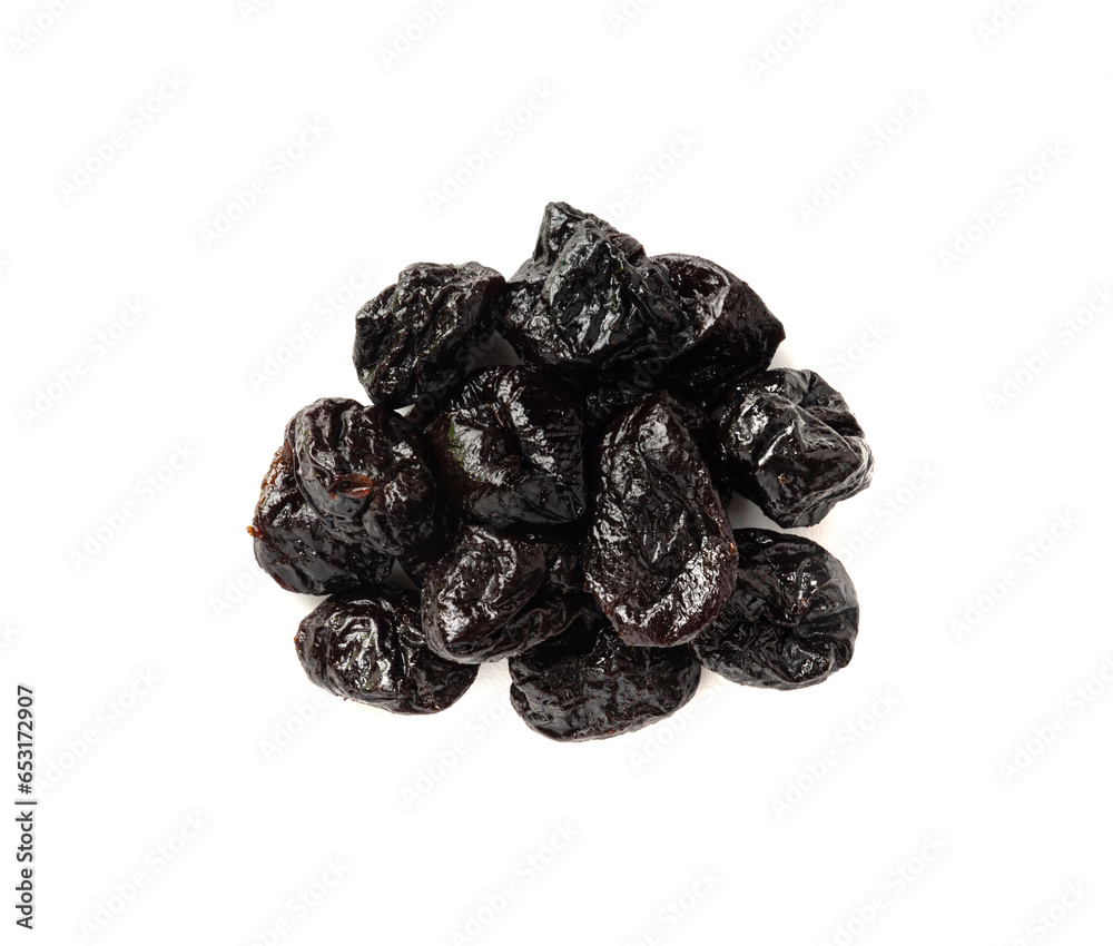 Dry Plums Isolated, Dried Black Fruits, Prune Group, Dry Plum Fruit on White Background Dry Plums Isolated, Dried Black Fruits, Prune Group, Dry Plum Fruit on White Background