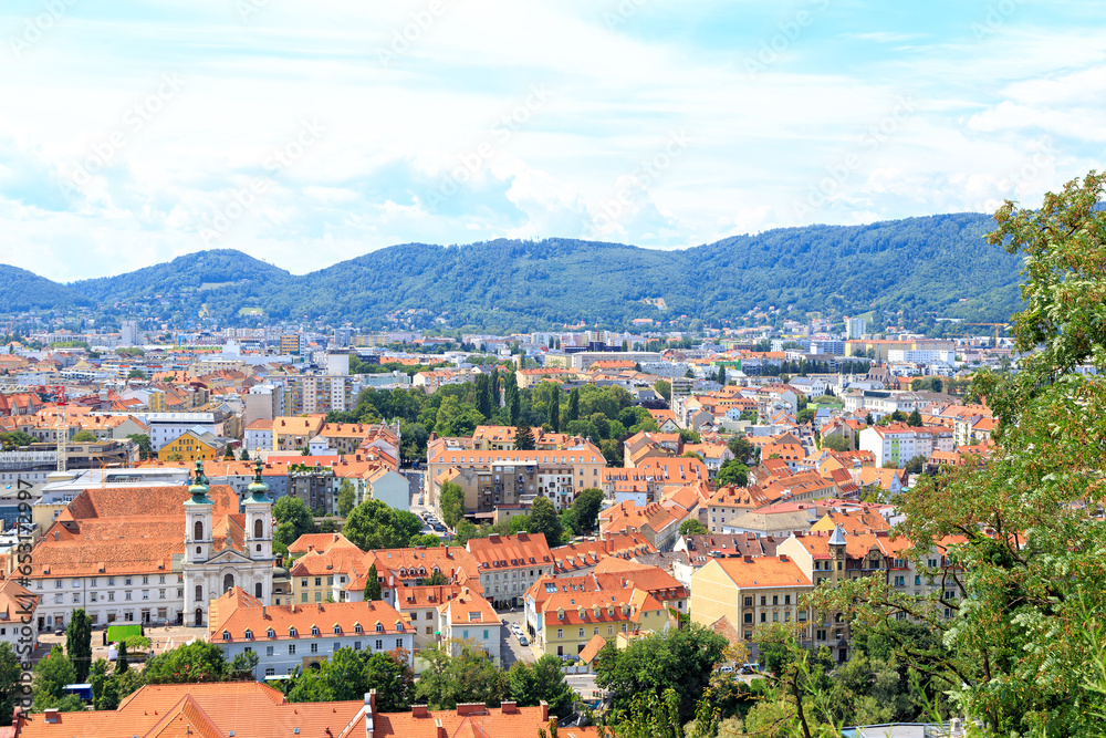 Graz, Austria - July 19, 2019: Roofs of houses in the historic city