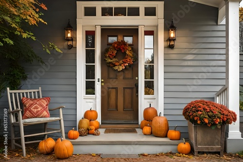 all autumn wreath on brown front door and autumn decor on front door steps