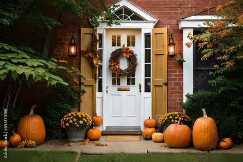 all autumn wreath on brown front door and autumn decor on front door steps