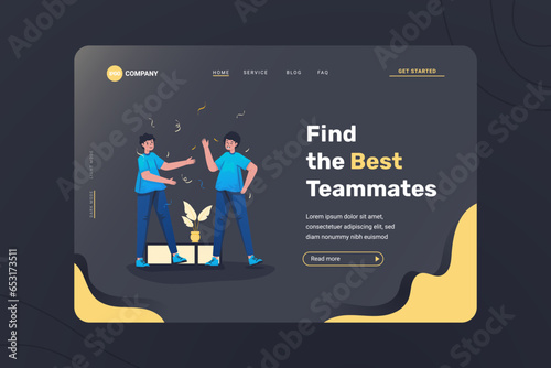 Teamwork teammates illustration on landing page dark mode template