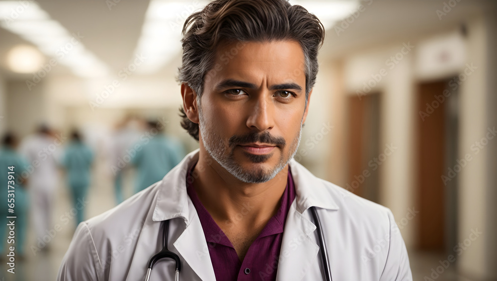An elegant and compassionate male healthcare provider, radiating care and expertise in his white medical coat, while the hospital environment gently fades into the backdrop An elegant and compassionate male healthcare provider, radiating care and expertise in his white medical coat, while the hospital environment gently fades into the backdrop
