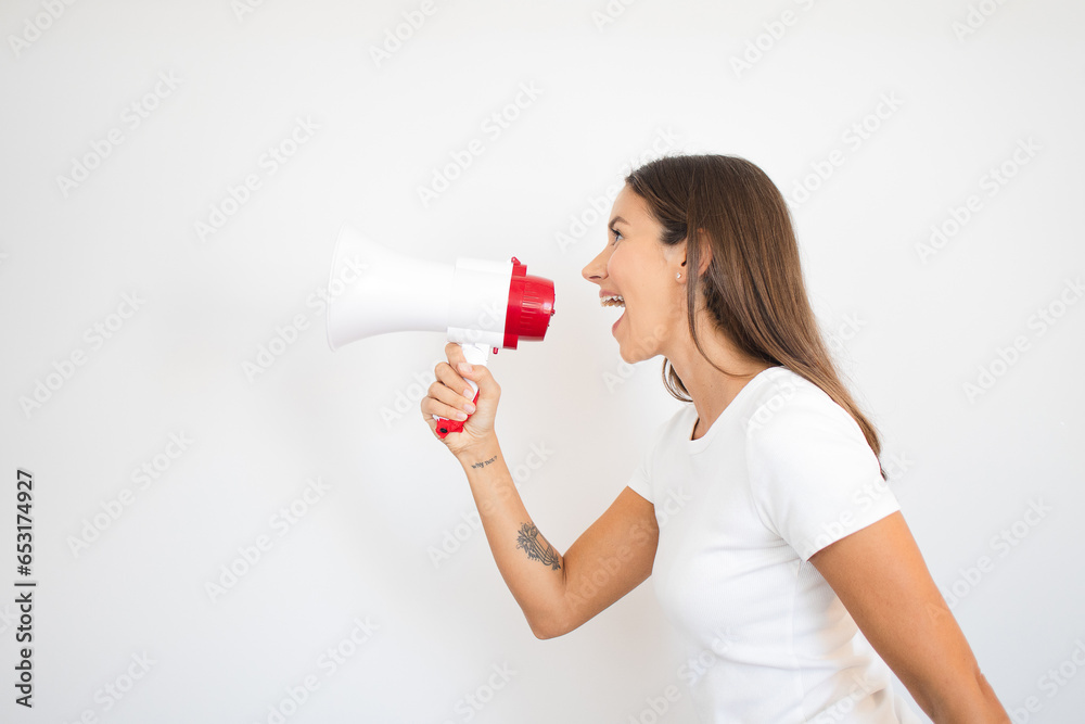 Woman Shouting Through Megaphone Marketing Digital Marketing Concept Woman Shouting Through Megaphone Marketing Digital Marketing Concept