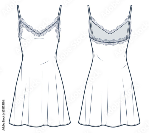 Slip Dress technical fashion illustration. Mini Dress with Lace trim fashion flat technical drawing template, side zip-up, strap, front and back view, white color, women CAD mockup.