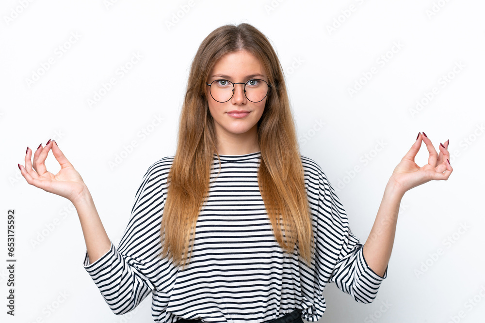 Young caucasian woman isolated on white background in zen pose Young caucasian woman isolated on white background in zen pose
