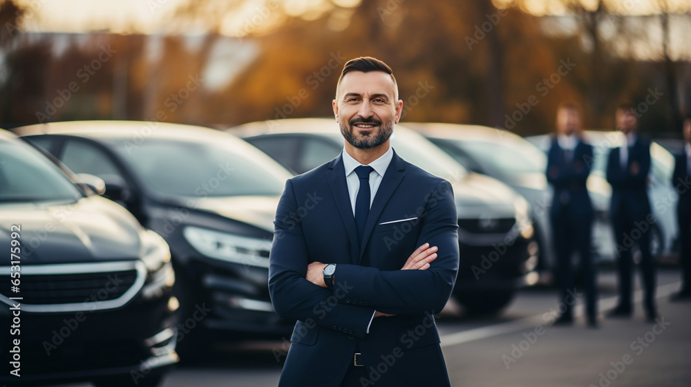A group of business professionals posing together in front of their corporate fleet, Business car, blurred background, with copy space