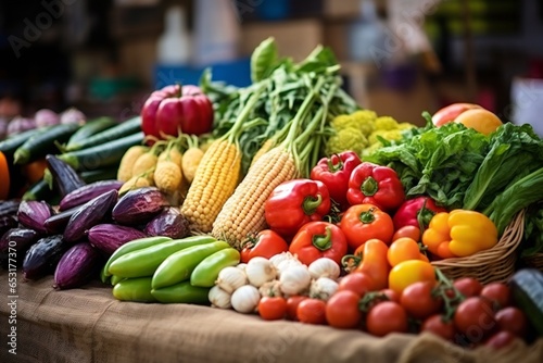 Vegetables  fruits and grains from the field and garden are available in abundance in the market place  with empty copy space Generative AI